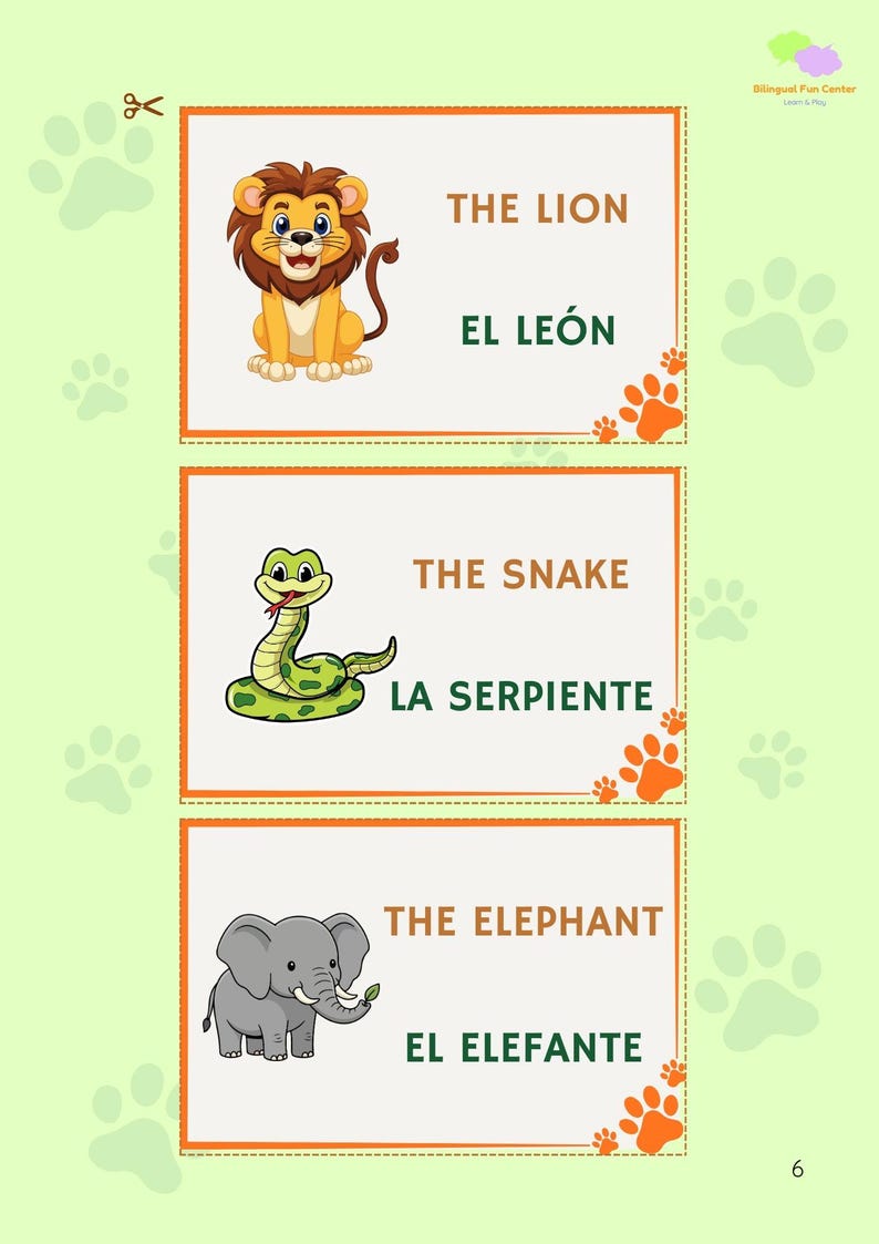 May include: Educational flashcards featuring animal illustrations. The cards display a lion, snake, and elephant, each with English and Spanish names. The background is light green with paw prints and orange accents.