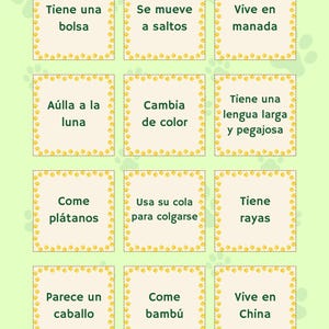 May include: A set of flashcards with Spanish text on a light green background. Each card has a yellow border and a different phrase. The top right corner has the text "Bilingual Fun Center".