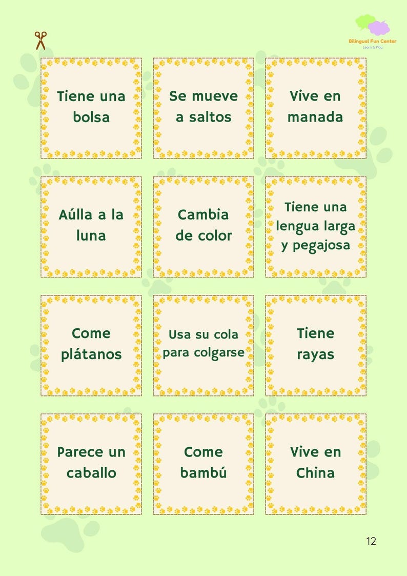 May include: A set of flashcards with Spanish text on a light green background. Each card has a yellow border and a different phrase. The top right corner has the text "Bilingual Fun Center".