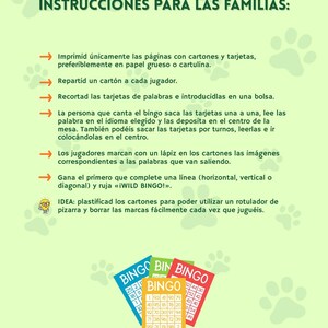 May include: A colorful educational game sheet with instructions in Spanish for families. The sheet includes instructions for playing bingo, with colorful bingo cards at the bottom. The game is designed for language learning.
