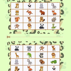 May include: Educational activity sheet featuring cartoon animals, including a tiger, zebra, and panda. The sheet is divided into grids with animal illustrations on a light green background with leopard print accents. The text "Bilingual Fun Center" is in the upper right corner.