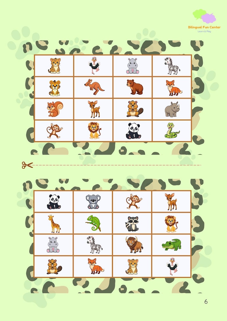 May include: Educational activity sheet featuring cartoon animals, including a tiger, zebra, and panda. The sheet is divided into grids with animal illustrations on a light green background with leopard print accents. The text "Bilingual Fun Center" is in the upper right corner.