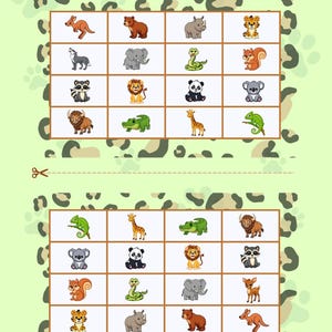 May include: A children's activity sheet featuring a bingo game with cartoon animals like a kangaroo, bear, and rhino. The background is light green with animal paw prints and the text "Bilingual Fun Center".