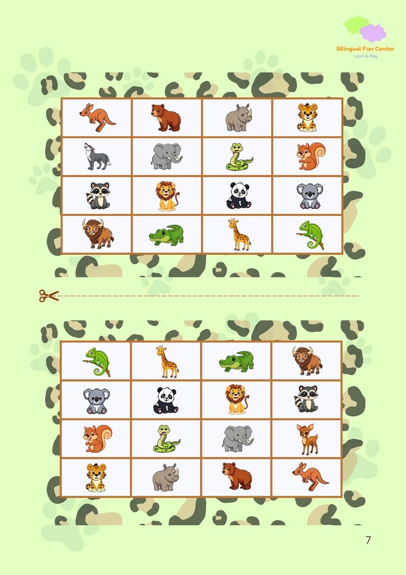 May include: A children's activity sheet featuring a bingo game with cartoon animals like a kangaroo, bear, and rhino. The background is light green with animal paw prints and the text "Bilingual Fun Center".