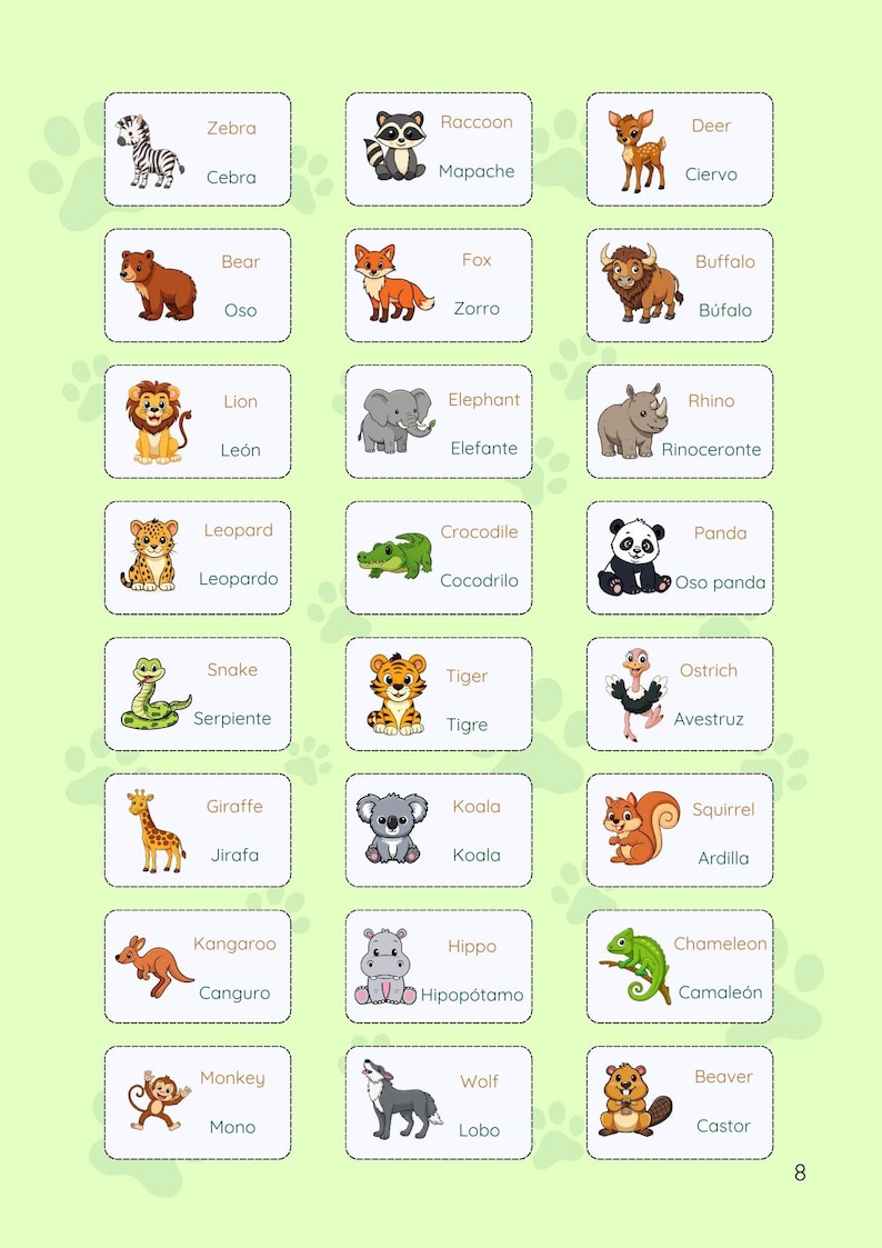 May include: A colorful educational chart featuring illustrations of various animals, each labeled with its name in English and Spanish. The animals include a zebra, bear, lion, leopard, snake, giraffe, kangaroo, monkey, raccoon, fox, elephant, crocodile, tiger, koala, hippo, wolf, deer, buffalo, rhino, panda, ostrich, squirrel, chameleon, and beaver.