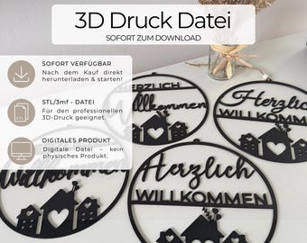 Puede incluir: Un archivo digital de impresión 3D para un letrero de pared circular negro con el texto en alemán Herzlich Willkommen, que significa Bienvenida cálida, y un diseño recortado de casa y corazón. Es un producto digital para impresión 3D.