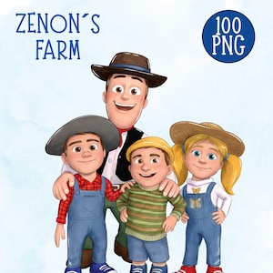 May include: Illustration of a family of four, likely a father and his three children, all smiling. The father wears a brown hat and a black waistcoat. The children wear dungarees and hats. The text "ZENON'S FARM" is at the top left.