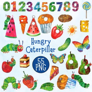 May include: A colorful illustration featuring elements from "The Very Hungry Caterpillar." Includes numbers, fruits, desserts, a caterpillar, and butterflies. The text "Hungry Caterpillar" is also present, along with a "55 PNG" graphic.