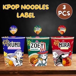 May include: Three KPOP noodle cups with different flavors. The cups are blue, green, and red, each featuring a unique anime-style character and flavor name: Rumi, Zoey, and Mira. The labels read "KPOP NOODLES LABEL" and "3 PCS".