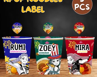 Etiquetas de macarrão instantâneo KPop Demon Hunters | Decoração de festa cosplay de Rumi Mira Zoey Ramyeon para imprimir, Halloween, aniversário, arte de fã