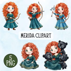 Söt prinsessa Merida PNG, baby Merida PNG, sagolik Clipart, akvarell Merida, Merida födelsedagsclipart, modig Merida prinsessa festdekor