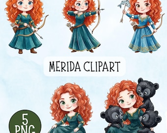Cute Princess Merida PNG, Baby Merida PNG, Fairytale Clipart, Watercolor Merida, Merida Birthday Clipart, Brave Merida Princess Party Decor