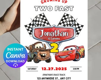Cars Birthday Party Invitation, Lightning McQueen Invitation, Cars Party Invite, Two Fast, Kids Birthday Invitation, Cars Bday Invitation