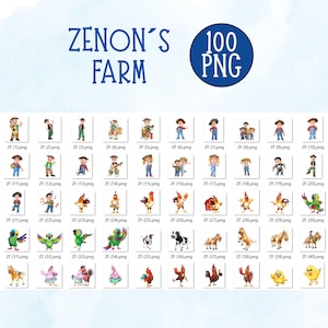 May include: A set of 100 PNG images with farm-themed illustrations. The images include cartoon farmers, animals like cows, horses, chickens, and parrots. The title "ZENON'S FARM" is displayed in blue text.