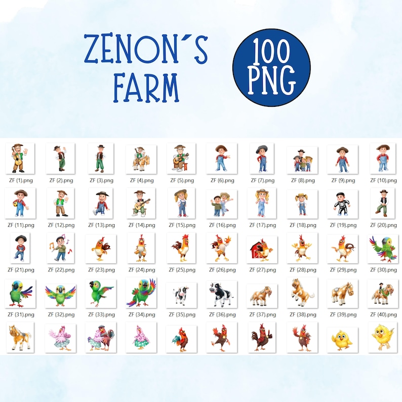 May include: A set of 100 PNG images with farm-themed illustrations. The images include cartoon farmers, animals like cows, horses, chickens, and parrots. The title "ZENON'S FARM" is displayed in blue text.