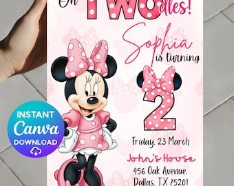 Editable Oh Twodles Birthday Invitation, Minnie Mouse 2nd Birthday Invitation, Cute Minnie Invite, Mickey Birthday Invite, Canva Editable