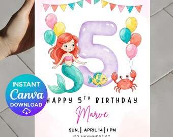 Little Mermaid Birthday Invitation, Editable Ariel Party Invite, Under the Sea Theme Card, Cute Mermaid, Sebastian, Flounder Bday Invitation