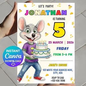 May include: A birthday party invitation featuring a cartoon mouse holding a two-tiered cake with lit candles. The invitation includes the name "Jonathan", the number "5", and event details. The invitation is decorated with cheese and star graphics.