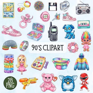 Könnte beinhalten: Eine Sammlung von 90er-Jahre-Cliparts, darunter eine Pikachu-Karte, ein Tamagotchi, ein Furby, eine Boombox, ein Slinky, eine Wasserpistole, eine Bauchtasche und eine Troll-Puppe. Der Text "90's Clipart" ist zu sehen.