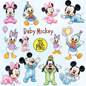 以下が含まれることがあります： ディズニーキャラクターの赤ちゃんイラストのコレクション。ミッキーマウス、ミニーマウス、ドナルドダック、デイジーダック、グーフィーが様々なポーズと衣装で描かれています。「Baby Mickey」の文字が表示されています。