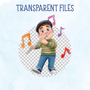 May include: A cartoon illustration of a boy playing a silver flute, with musical notes in various colours. The boy is wearing a green and tan striped sweater, blue jeans, and a black beanie. The text "TRANSPARENT FILES" is at the top.
