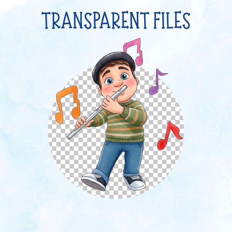 May include: A cartoon illustration of a boy playing a silver flute, with musical notes in various colours. The boy is wearing a green and tan striped sweater, blue jeans, and a black beanie. The text "TRANSPARENT FILES" is at the top.