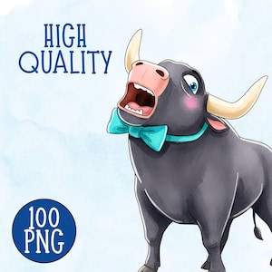 May include: A cartoon illustration of a black bull with a light blue bow tie, open mouth, and light blue eyes. The text "HIGH QUALITY" is above the bull, and "100 PNG" is in a blue circle below.