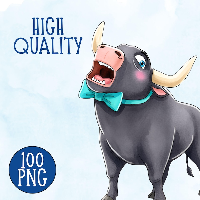 May include: A cartoon illustration of a black bull with a light blue bow tie, open mouth, and light blue eyes. The text "HIGH QUALITY" is above the bull, and "100 PNG" is in a blue circle below.