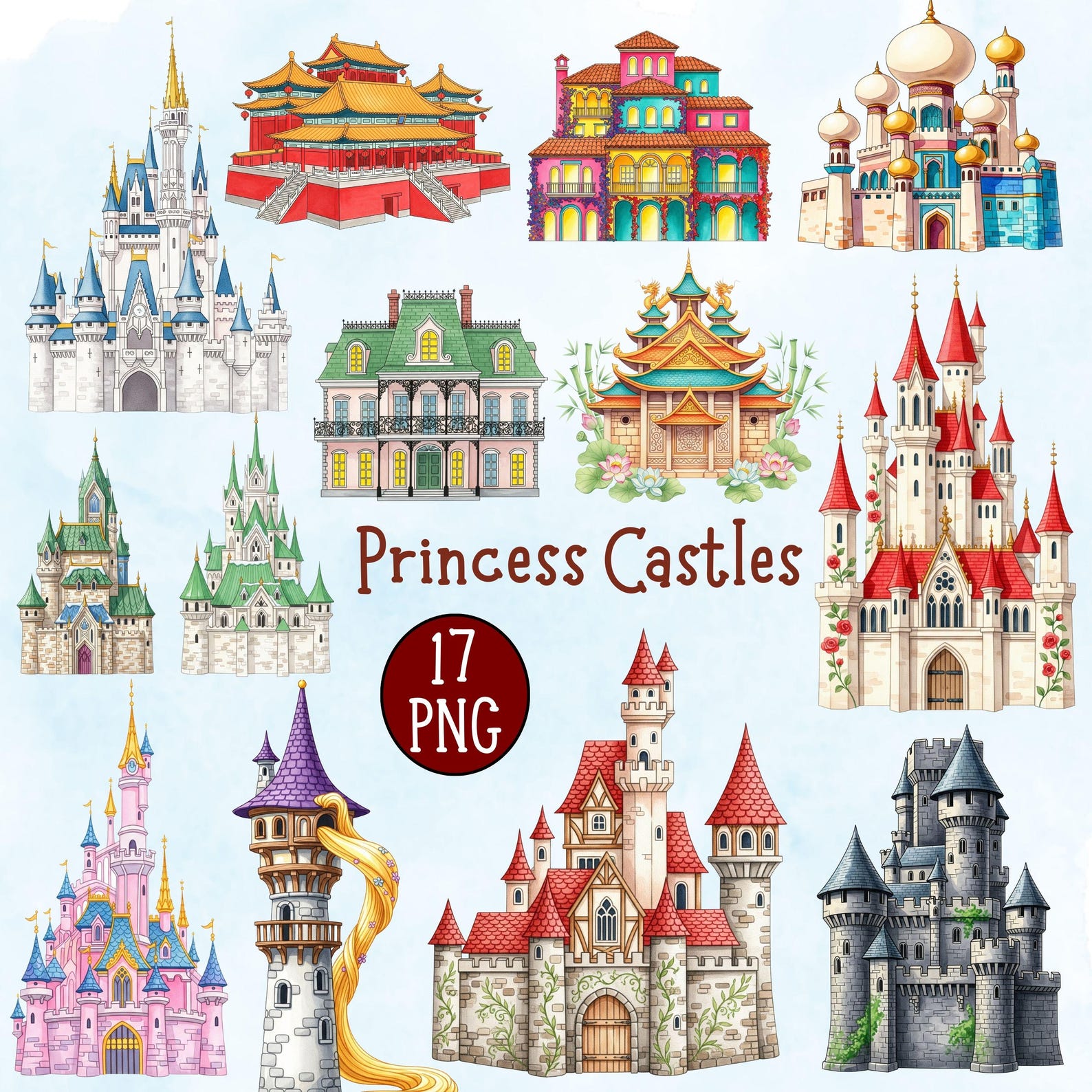 Princess Castle PNG Clipart, Fairytale Castle Bundle, Watercolor ...