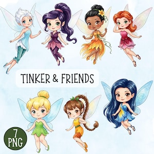 May include: A watercolour illustration featuring seven fairies with diverse hair colours and outfits. The image includes the text "TINKER & FRIENDS" and a "7 PNG" graphic. Each fairy has translucent wings and is in a flying pose.