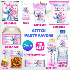 Pode incluir: Uma coleção de lembrancinhas de festa com o tema Stitch para um 3º aniversário, incluindo lata de Pringles, Capri Sun, sacos de batatas fritas, caixa gable, garrafa de água e muito mais. Cada item apresenta um design de personagem de desenho animado azul e rosa com o nome "Sophia" e "3º aniversário".