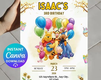 Könnte beinhalten: Eine Geburtstagseinladung mit Winnie-the-Pooh-Figuren und Luftballons. Die Einladung enthält den Text "ISAAC'S 3RD BIRTHDAY" und Veranstaltungsdetails. Das Design umfasst Illustrationen von Geschenken, Blumen und einer Biene.