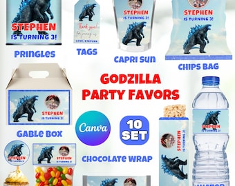 Godzilla Birthday Party Favors, Godzilla Decorations, Godzilla Party Labels, Blue Lightning Monster Party Labels, King of the Monster Favors