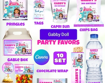Bomboniere per feste di compleanno a forma di casa delle bambole Gabby, festa di compleanno a forma di casa delle bambole, etichette stampabili per casa delle bambole Gabby, etichetta per sacchetto di patatine Gabby, etichetta per succo Caprisun