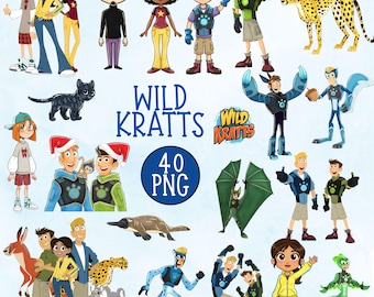 Wild Kratts Glitter Watercolor PNG Clipart Bundle 40 PNG, Wild Kratts Animals, Creature Power Birthday Party Clipart, Wild Kratts Birthday