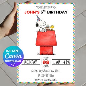 May include: A birthday invitation featuring Snoopy and Woodstock on a red doghouse. The invitation reads "You're Invited to John's 5th Birthday" with date and time details. The design includes a colorful border and the Canva logo.