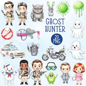 Puede incluir: Una colección de ilustraciones de dibujos animados con personajes y elementos de la franquicia Cazafantasmas. Incluye el logotipo de Cazafantasmas, un Cadillac blanco, una motocicleta y varios fantasmas y monstruos. Se muestran las palabras "Ghost Hunter".