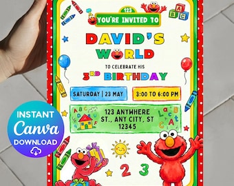 Sesame Street Birthday Invitation, Editable Elmo Birthday Invitation, Editable Elmo Party Evite, Sesame Birthday Invite, Cute Birthday Party