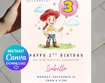 Toy Story Geburtstagseinladung, bearbeitbare Jessie Toy Story Einladung, Mädchen Cowgirl einladen, Jessie Geburtstag einladen, Wilder Westen Geburtstag einladen