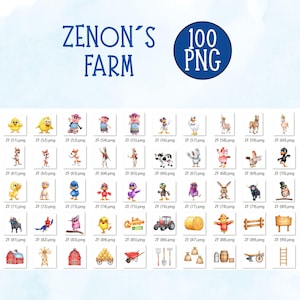 May include: A set of 100 PNG farm-themed graphics. The image showcases watercolour illustrations of farm animals, buildings, and tools. The text "ZENON'S FARM" is at the top, with a blue circle indicating the number of PNG files.