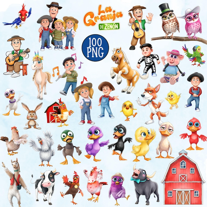 May include: A set of 100 PNG images with cartoon farm animals and characters. Includes a red barn, a horse, a fox, chickens, ducks, and other farm-themed illustrations. The title "La Granja de Zen&oacute;n" is displayed in orange.