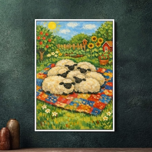 Könnte beinhalten: Gerahmtes Gemälde zeigt eine Gruppe flauschiger Schafe auf einer bunten Decke in einem sonnigen Garten. Der Hintergrund umfasst einen Garten, Sonnenblumen, ein rotes Haus und einen blauen Himmel mit Wolken. Eine idyllische, ländliche Szene.