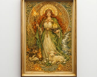 Goddess Brigid Canvas Wall Art, Art Nouveau Jugendstil Large Decor, Celtic Mythology Spiritual Home Office Print Y14MC