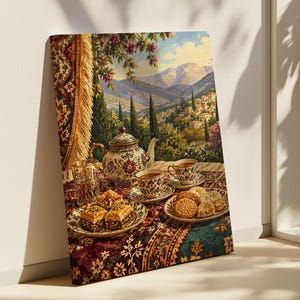 May include: A rectangular canvas print depicting a tea set with a patterned teapot, two teacups, a glass, and plates of baklava and cookies on a floral rug. The background shows a mountain landscape with a village, trees, and a blue sky.
