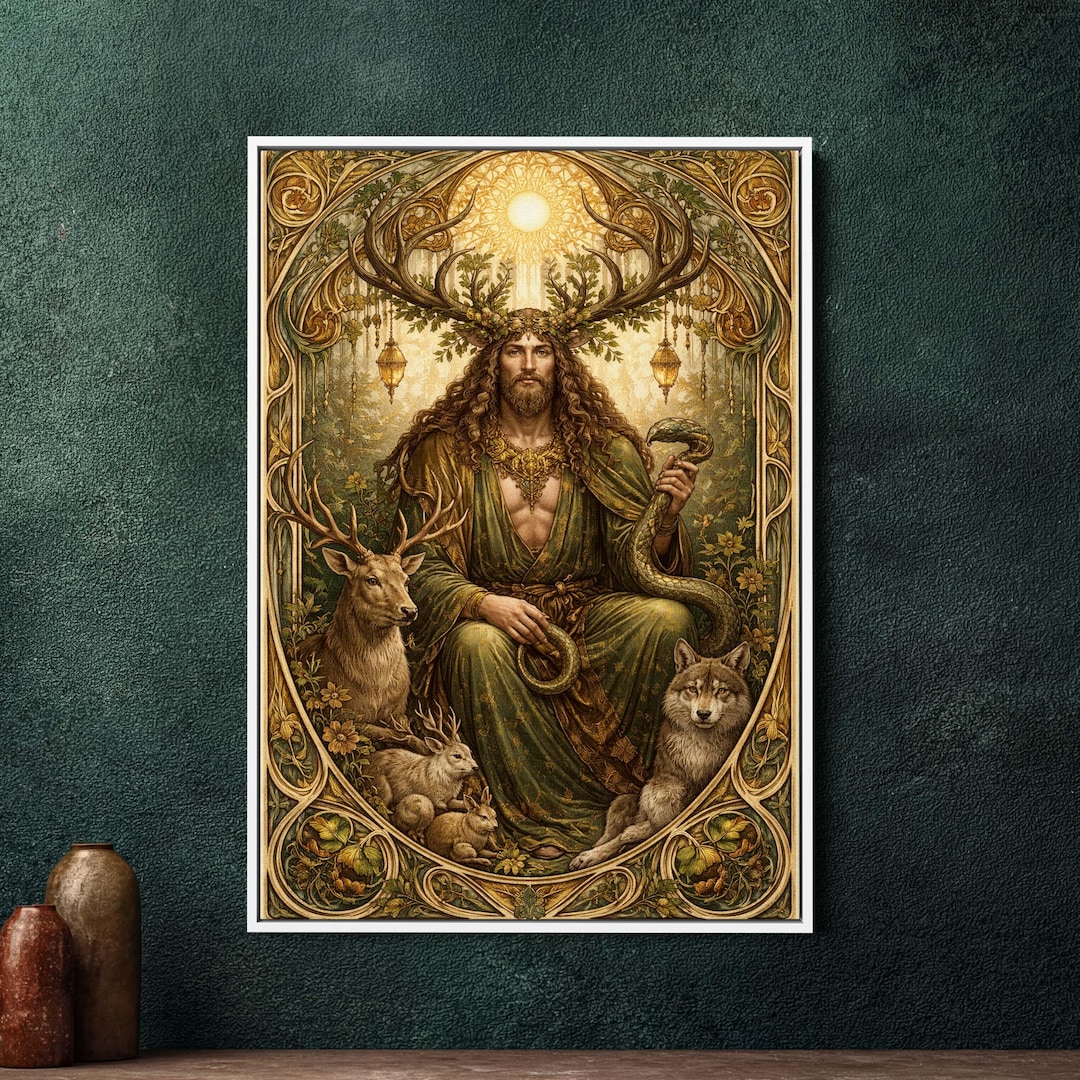 Cernunnos Art Nouveau Framed Canvas Wall Art - Large Celtic Mythology ...