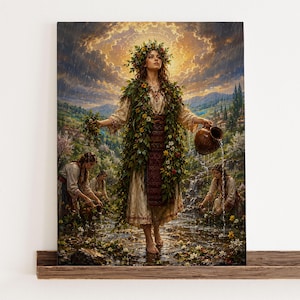 Könnte beinhalten: Ein vertikaler Wandkunstdruck, der eine zentrale Figur mit Blumenkranz und einem grünen Blätterschal über einem cremefarbenen Kleid zeigt, die einen braunen Keramikkrug hält und Wasser in einen Bach gießt, umgeben von zwei Pflanzen sammelnden Figuren.