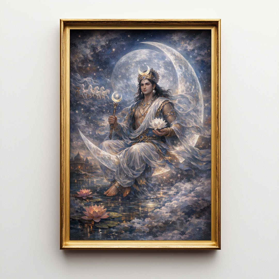 Large Chandra Hindu Deity Canvas Art, Colorful Cinematic Fantasy Wall ...
