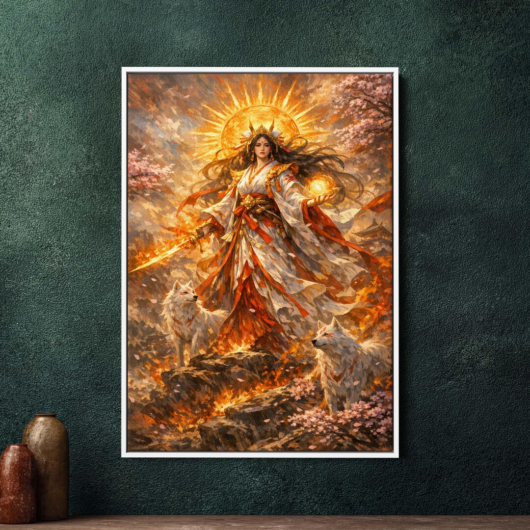 Amaterasu Sun Goddess Framed Canvas, Large Japanese Mythology Wall Art ...