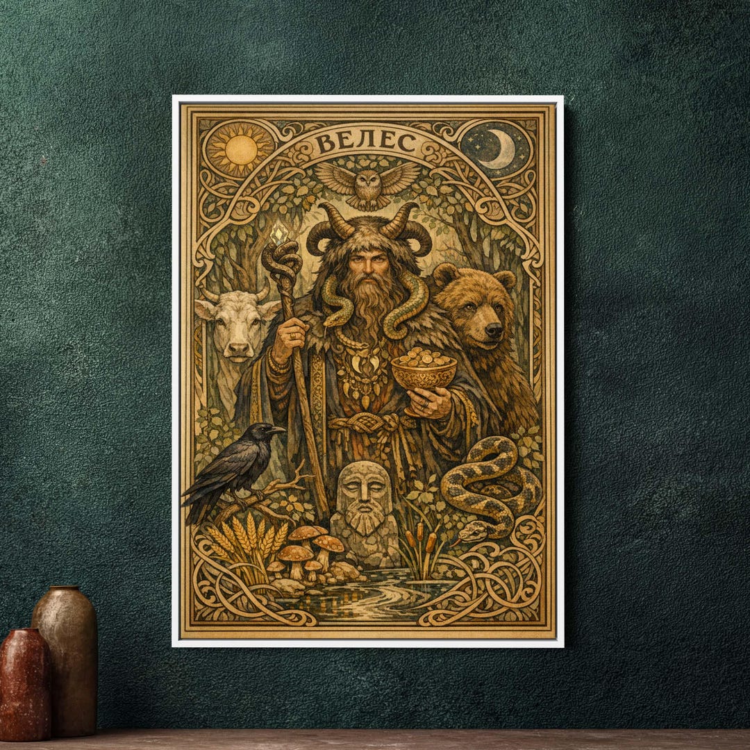 Veles Slavic God Art Nouveau Framed Canvas Wall Art, Large Mythology ...