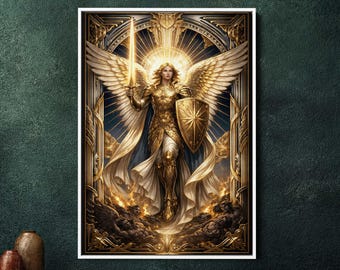 Grande tela incorniciata in stile Art Déco dell'Arcangelo Michele, grande decorazione murale per soggiorno, regalo di arredamento religioso cristiano e spirituale.